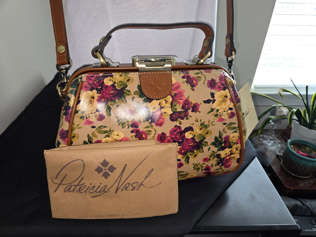 Patricia Nash Floral Frame‑Top Leather Satchel – NWT with Dust Bag