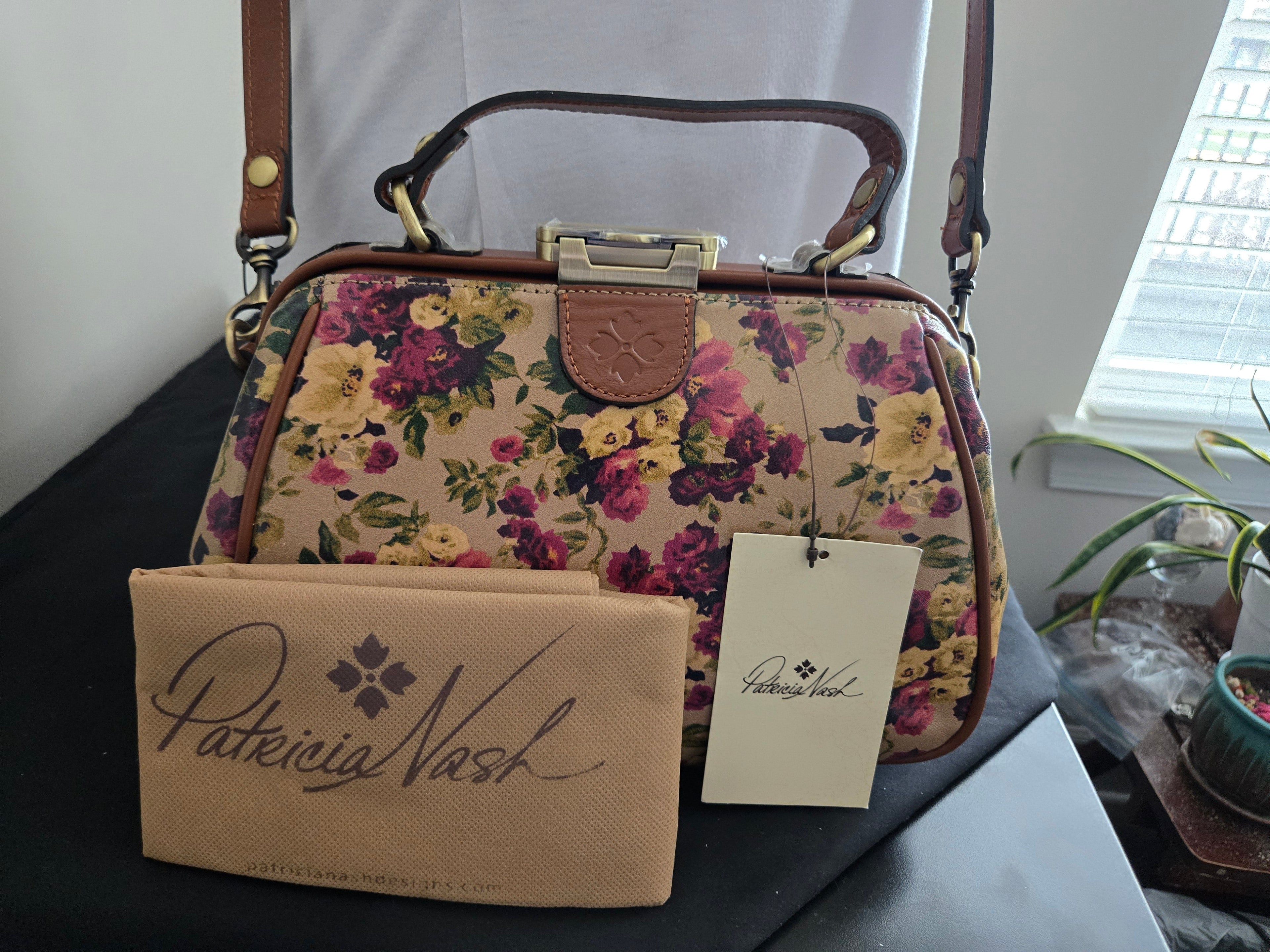 Patricia Nash Floral Frame‑Top Leather Satchel – NWT with Dust Bag