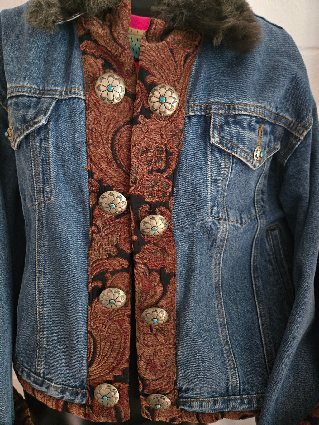 T.P. Saddle Blanket & Co. Denim Tapestry Faux Fur Jacket – Size XL