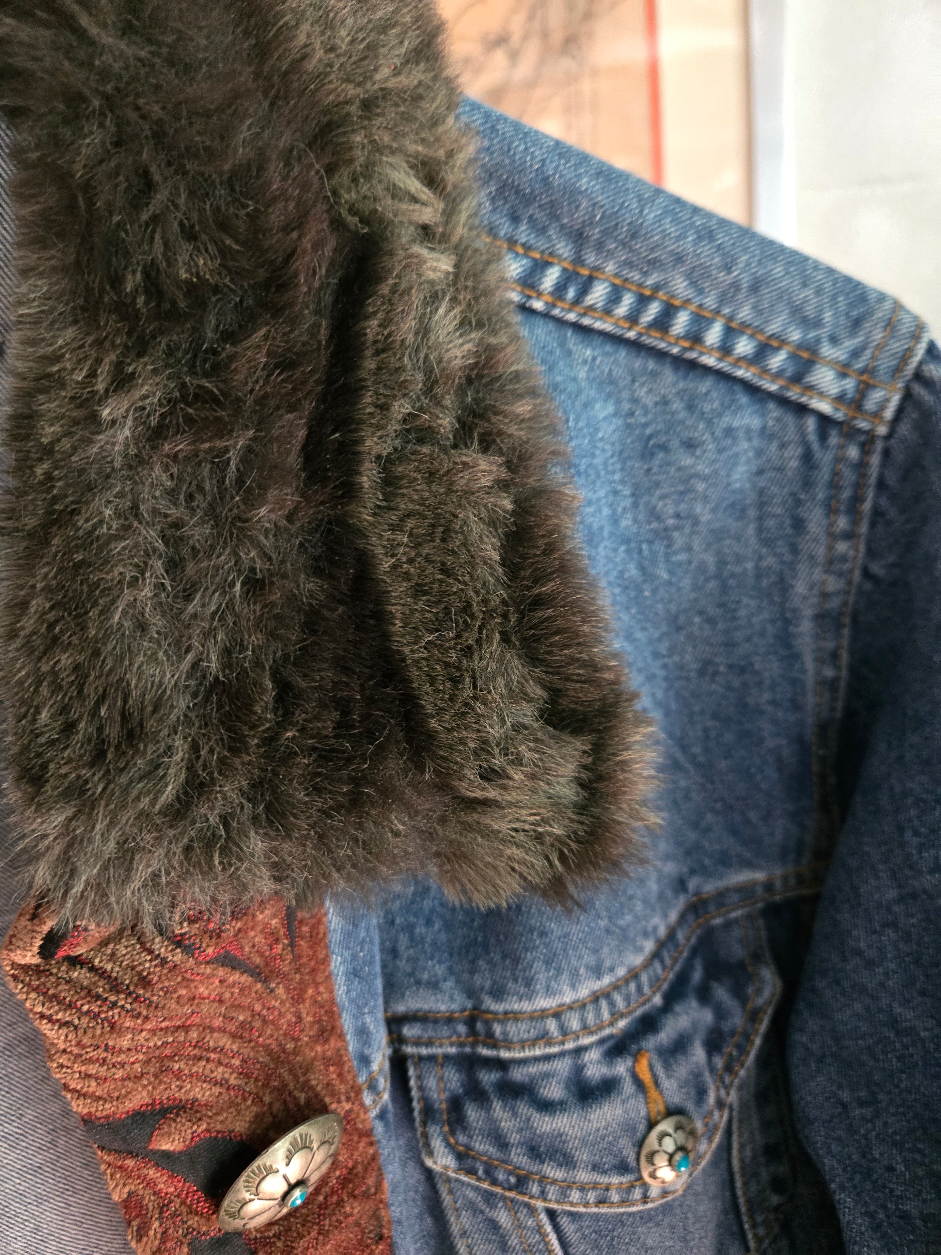 T.P. Saddle Blanket & Co. Denim Tapestry Faux Fur Jacket – Size XL